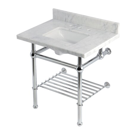 Kingston Brass 30-Inch Carrara Marble Console Sink with Brass Legs and Shelf, 8-Inch, 3-Hole KVPB3030MBSQB1