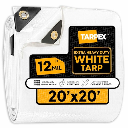 Tarpex Extra Heavy Duty Tarp, 20 ft x 20 ft, 12 Mil, White, Polyethylene WHD-TA-2020