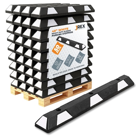 Jrex Safety 48 in Rubber Parking Block Curb Stop, White Reflective Strip, Full Pallet 50 PBSW-JR-4-FP50