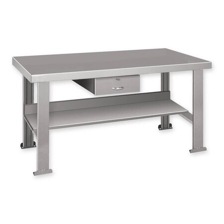 Pucel Steel Workbench with Shelf and Drawer, 72 in W x 34 in D x 32.5 in H, Gray FSD-3472