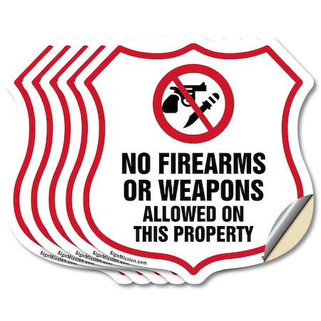 Signmission No Guns Shield Sign No Firearms Or Weapo, 6 inch X 6 inch, Vinyl Decal, 5PK SHI-D-5PACK-6-395