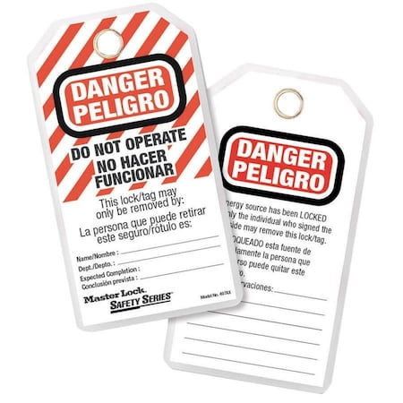 Master Lock Danger Bilingual Tag, Danger, Polyester, 3 1/8 in Width, 5 3/4 in Height, Write On Surface: Yes 497AX