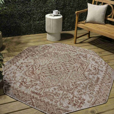 Jonathan Y Estrella Bohemian Medallion Textured Weave Red/Taupe 5 ft Octagon Indoor/Outdoor Area Rug SMB105A-5TGN