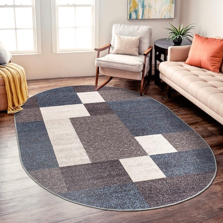 World Rug Gallery Contemporary Modern Geometric Boxes Design Non-Slip Area Rug 5 ft x 7 ft Oval Blue 506BLUE5OV