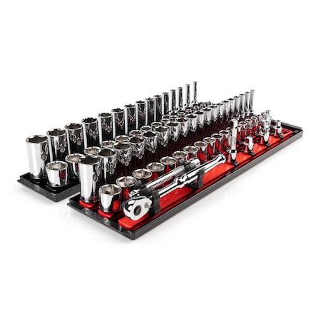 Tekton 3/8 Inch Drive 6-Point Socket and Ratchet Set with Rails and Trays, 74-Piece 1/4-1 in., 6-24 mm SKT13301