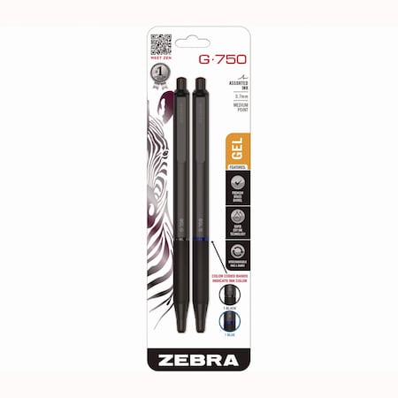Zebra Pen G-750 Gel Pen, Retractable, Medium 0.7 mm, Black; Blue Ink, Black Barrel, 2PK 49802