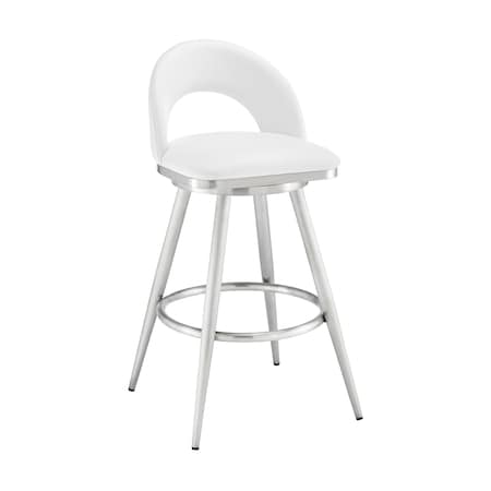 Armen Living Charlotte 26in Swivel Counter Stool in Brushed Stainless Steel with White Faux Leather LCCHBABSWHI26