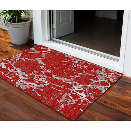 Homeroots 3' X 5' Red Ivory And Gray Striped Washable Indoor Outdoor Area Rug 600918