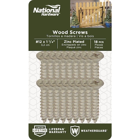 National Hardware No.12x1-1/4'' Phillips Flat Head Zinc Wood Screw, 18 Ct. N223-982