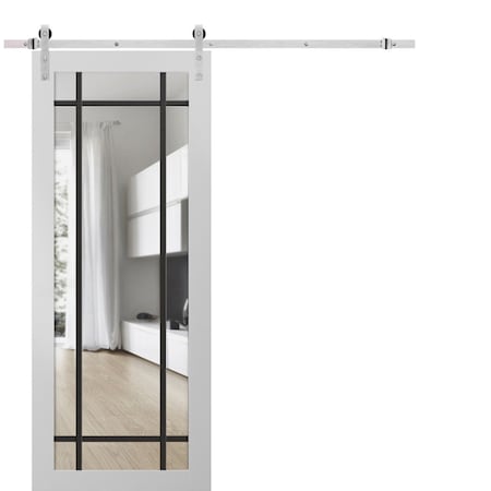 Sartodoors Sturdy Barn Door Clear Tempered Glass, Lucia 2266 White Silk and Aluminum Strips, 6.6FT Silver Rai LUCIA2266BD-S-WS-36 x 80