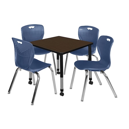 Regency Square Kee Mobile Adjustable Classroom Table W/ 4 Andy Chairs, 30 in W, 30 in L, Neo Walnut TB3030NWAPCBK40NV