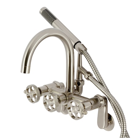 Kingston Brass 7-Inch Adjustable Wall Mount Clawfoot Tub Faucet w/ Knurled Handle and Hand Shower, Brushed Nickel AE8158RKX