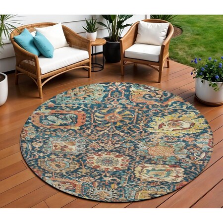 Homeroots 8' Navy Blue Terra Cotta And Beige Round Damask Washable Indoor Outdoor Area Rug 603745