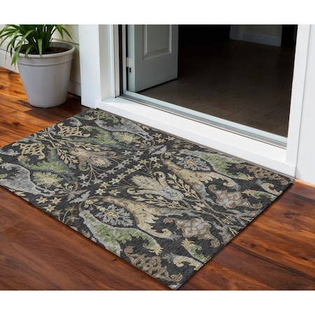 Homeroots 3' X 5' Black Green And Brown Floral Washable Indoor Outdoor Area Rug 605271