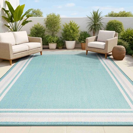 Jonathan Y James Modern Border Stripe Aqua/Beige 3 ft. x 5 ft. Indoor/Outdoor Area Rug SMB201B-3