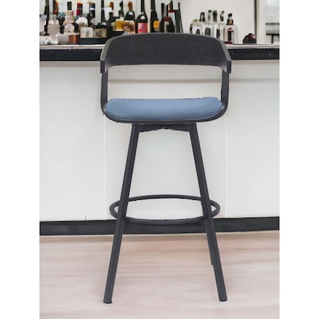 Homeroots 31" Blue and Black Fabric with Metal Swivel Bar Height Bar Chair 534460