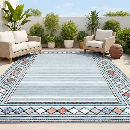 Jonathan Y Sebastian High-Low Modern Diamond Border Blue/Ivory 3 ft. x 5 ft. Indoor/Outdoor Area Rug HWC102D-3
