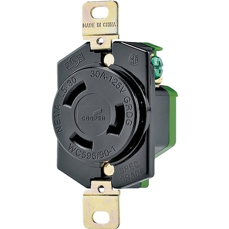 Eaton Wiring Devices Locking Receptacle, L5-30R, 30 A, 125V AC, 2 Pole, Spring Clamp Terminals, Black L530R