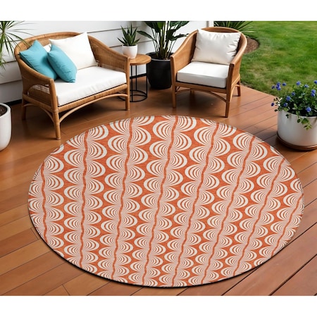 Homeroots 8' Coral And Beige Round Ogee Washable Indoor Outdoor Area Rug 601544