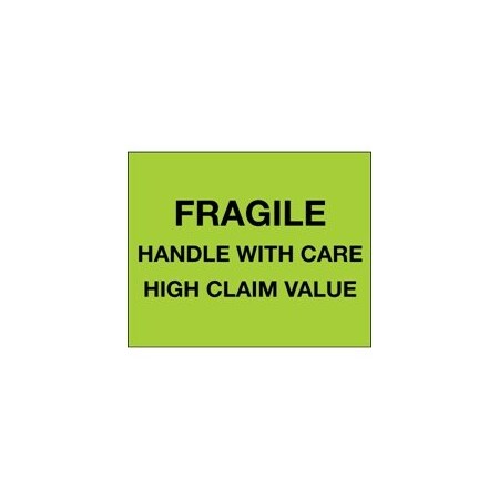 Bubblefast 8 x 10'' - ''Fragile Handle With Care - High Claim Value'' Fluorescent Green Labels BFDL1333