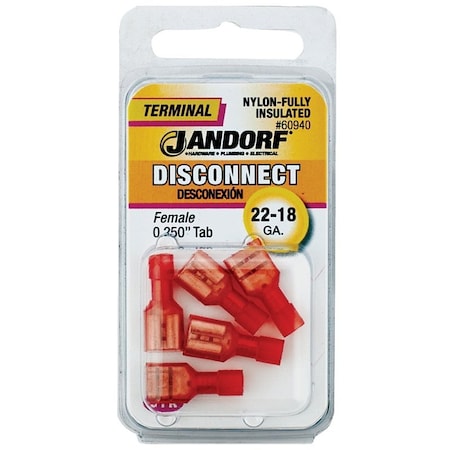 Jandorf Disconnect Terminal, 22 to 18 AWG Wire, Nylon Insulation, Copper Contact, Red 60940