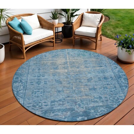 Homeroots 8' Blue Round Oriental Washable Indoor Outdoor Area Rug 607532