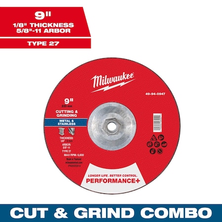Milwaukee Tool Cut-Off & Grinding Wheel, 7/8" Sz, 9" dia. 49-94-0947