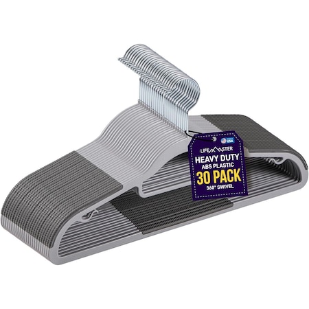 Lifemaster Clothes Hanger Set, Lightweight, Non-Slip, 360 Deg Hook, Rubber Coated, Gray, 30PK LMNOSL33