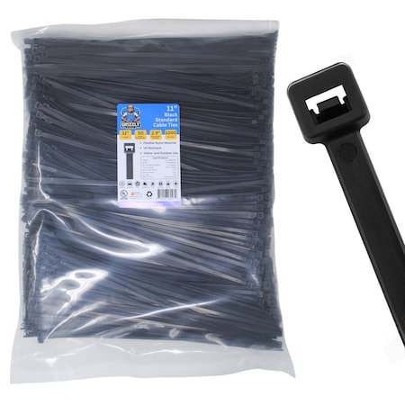 Grizzly Supply Cable Tie, 11 in L, 50 lb Strength, 3.2 in Max Bundle Dia, Nylon 6/6, UV Resistant, Black, 1000PK GS-S11-50-0M