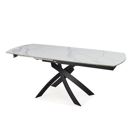 Homeroots 47" Gray White Black Ceramic Metal Self-Storing Leaf Cross Leg Base Oval Extendable Dining Table 555171