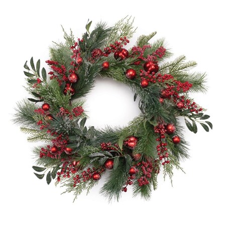 Homeroots 25" Green And Red Artificial Pine Berries And Ornaments Christmas Wreath 634639