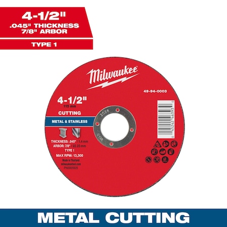 Milwaukee Tool Cut-Off Wheel, 7/8" Sz, 4 1/2" dia. 49-94-0003