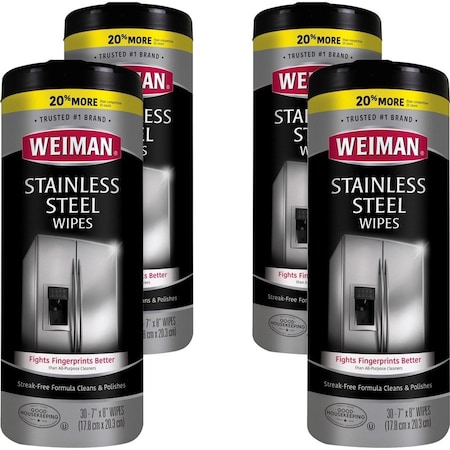 Weiman Stainless Steel Wipes, 7'' x 8'', 30 Sheets, 4PK 92A