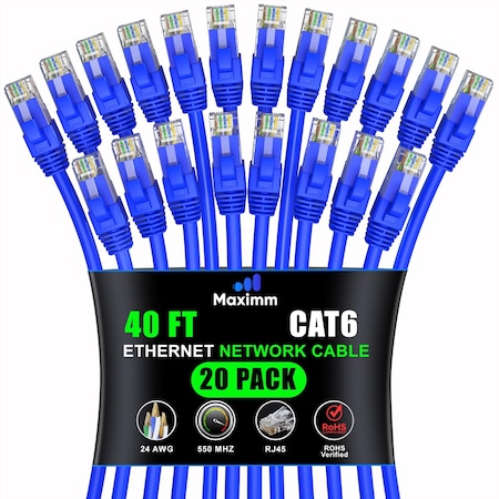 Maximm Cat6 Ethernet Cable 40ft 10Gbps 550MHz UTP, 20PK, Blue, 20PK CAT6CCA-40BL-20PK