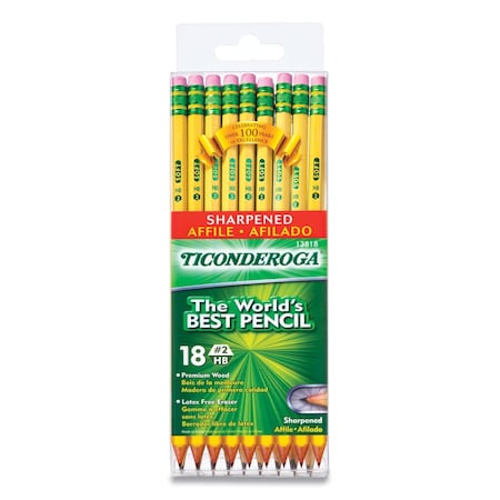 Ticonderoga Pre-Sharpened Pencil, HB #2, Black Lead, Yellow Barrel, 18PK 13818
