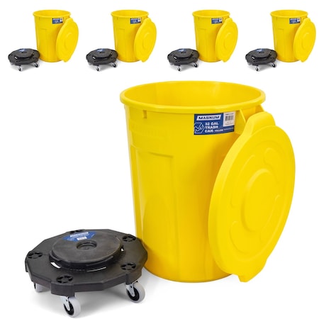 Magnum Tool Yellow 32 Gallon Trash Can Set (Trash Can, Quiet Dolly, and Reinforced Lid) (5 Set) CMTC-CLD0-32Y05
