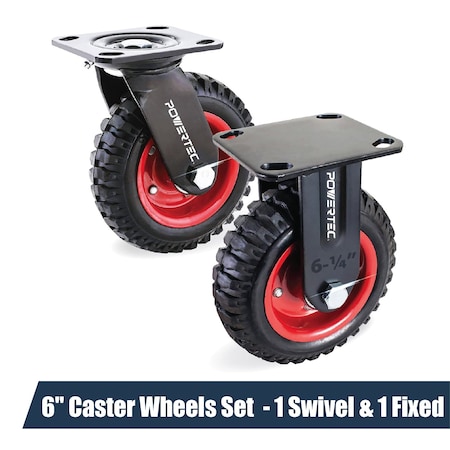 Powertec 6" Caster Wheels (1 Swivel & 1 Fixed), Heavy-Duty Industrial Plate Casters with Rubber Knobby Tread 17056