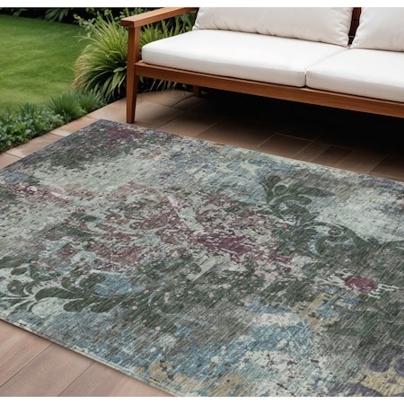 Homeroots 8' X 10' Fern Green And Purple Damask Washable Indoor Outdoor Area Rug 596384
