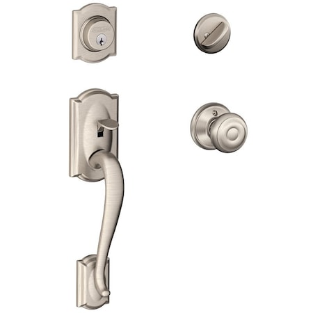 Schlage Camelot Series Handleset, Keyed Different Key, Brass, Satin Nickel, 238 x 234 in Backset F60VCAM/GEO619