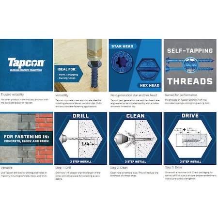 Tapcon 1/4'' x 4'' Star Drive Flat Head Concrete Screw Anchors, 25 Ct. 28397