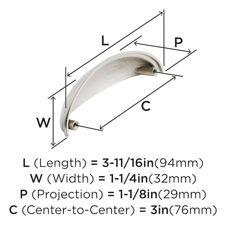 Amerock Ravino 3 inch (76mm) Center-to-Center Satin Nickel Cabinet Cup Pull, 10PK 10VMP22094G10
