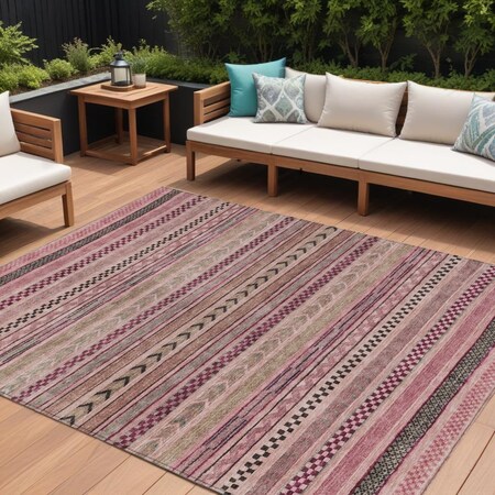 Homeroots 8' X 10' Pink And Taupe Striped Washable Indoor Outdoor Area Rug 615353