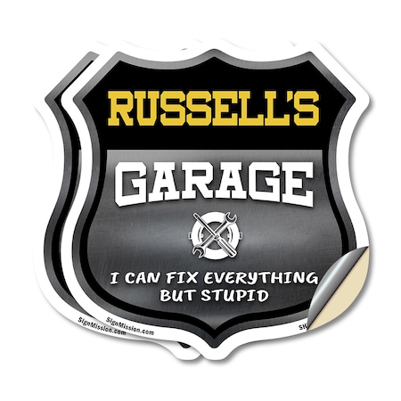 Signmission Russell's Garage I Can Fix Everything But Stupid, 12 inch X 12 inch, Vinyl Decal, 2PK SHI-D-2PACK-12-490-RUSSELL