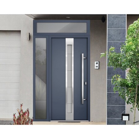 Vdomdoors Steel Door Deux 1717 Gray Graphite Sidelight and Transom Window Stainless Inserts Single Modern Pai DEUX1717EXD-GRE-W36+14xH80+16-LH-O