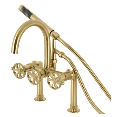 Kingston Brass 7" Center Deck-Mount Clawfoot Tub Faucet with Hand Shower, Brushed Brass AE8107RX