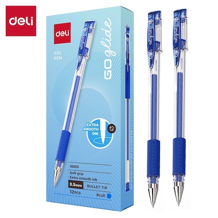 Deli Gel Pen 0.5mm, Blue Ink, Capped, Soft Grip, 12PK E6600S