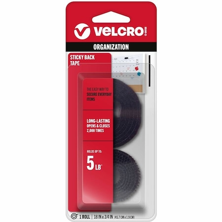 Velcro Brand Reclosable Fastener, Acrylic Adhesive, 18 in, 3/4 in W, Black 90078