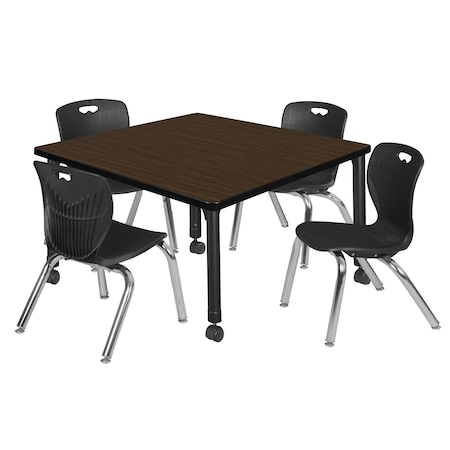 Regency Square Kee Mobile Adjustable Classroom Table W/ 4 Andy Chairs, 42 in W, 42 in L, Neo Walnut TB4242NWAPCBK45BK