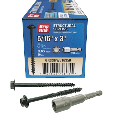 Grip-Rite PrimeGuard Plus 5/16''x3'' Hex Washer Head Structural Screw, 50-Count GRSSHW516350