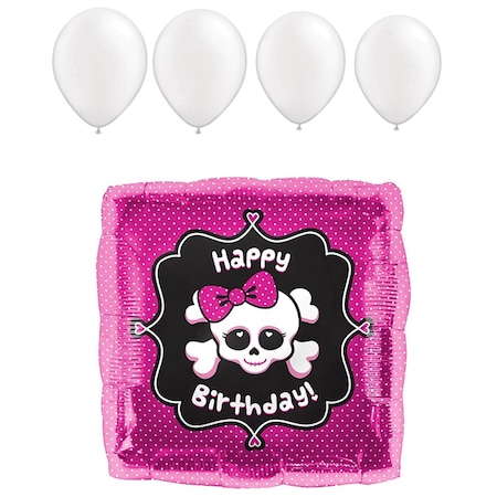 Loonballoon Pirates Balloons, 18 inch HAPPY BIRTHDAY GIRLY SKULL, 4 Pearl White Latex Set LOON-LAB-00930-01-N-P